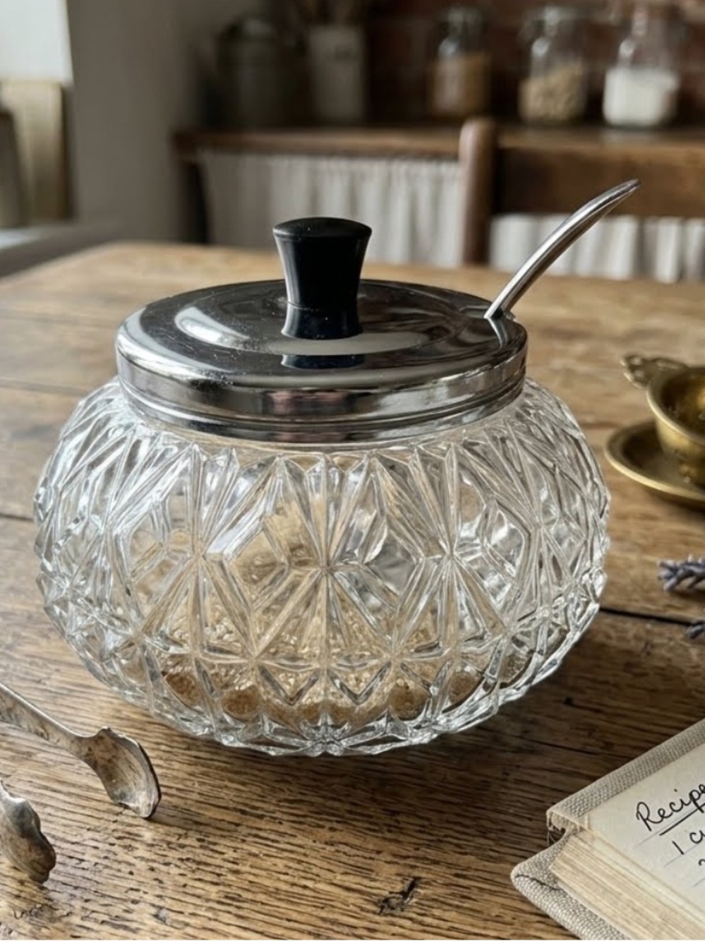 Vintage Cut Glass Sugar Bowl with Chrome Lid and Spoon